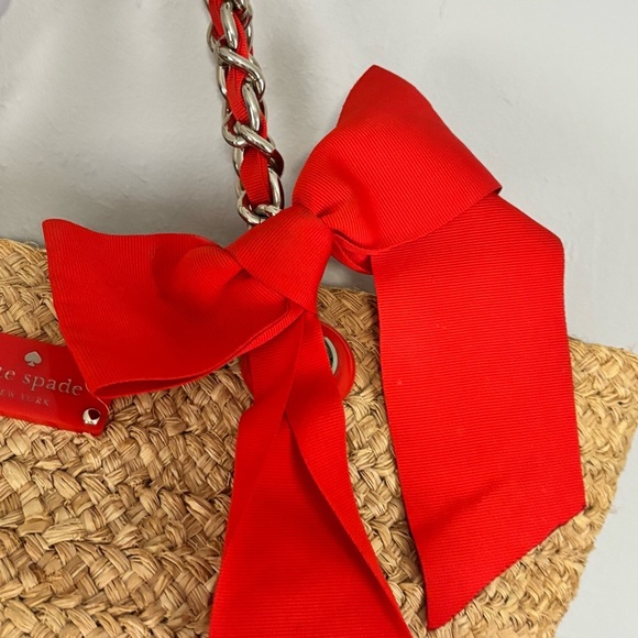 KATE SPADE Women’s Beige Red POINT BREEZE Coal Straw Tote Bag Large Bow 12” X 8” - Picture 4 of 13
